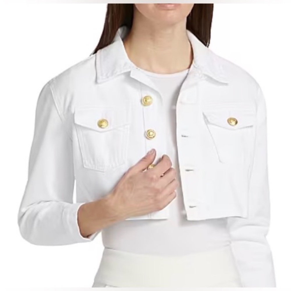 NWOT L’AGENCE Genevie Cropped Denim Jacket Blanc White Gold Dome Buttons Size M - Picture 3 of 7